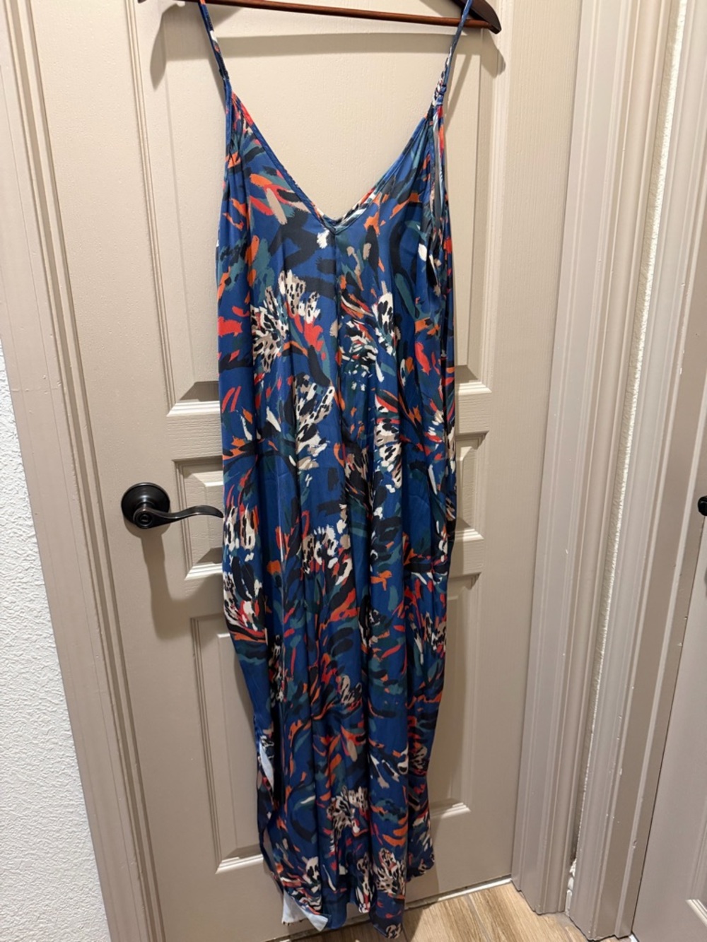 Blue Floral-Print V-Neck Maxi Slip Dress